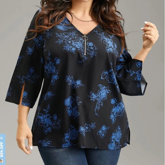 Silhouette Floral Print Half Zip Split Sleeve Blouse - Picture 1 of 9